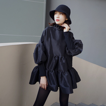 2021 new vintage European and American style satin bubble sleeve dress female lantern long sleeve small stand-up collar stitching tutu