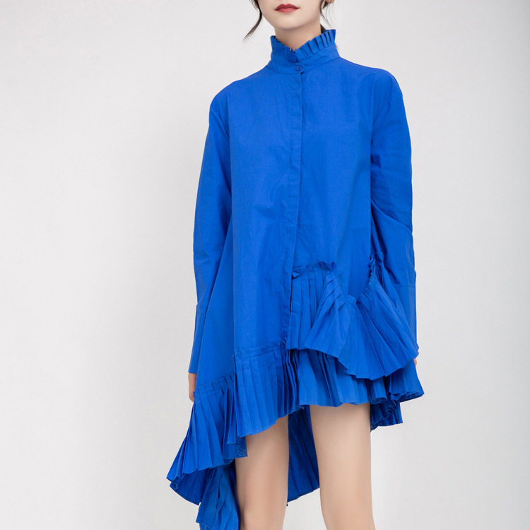 chic wind is very fairy Ocean dress 2021 Fall hypotenuse irregular 100 pleat splicing Klein blue long sleeve shirt
