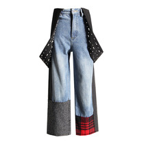 2021 spring new heavy-duty beaded contrast plaid stitching wild nine-point wide-leg jeans casual pants women