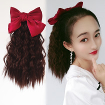 Disassemble the comb wine red bow ponytail ponytail corn hot wool roll short small curly braid wig egg curls
