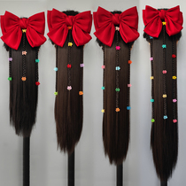 2021 Detachable bow colored small clip straight hair ponytail 70cm braid long hair net red comb comb wig