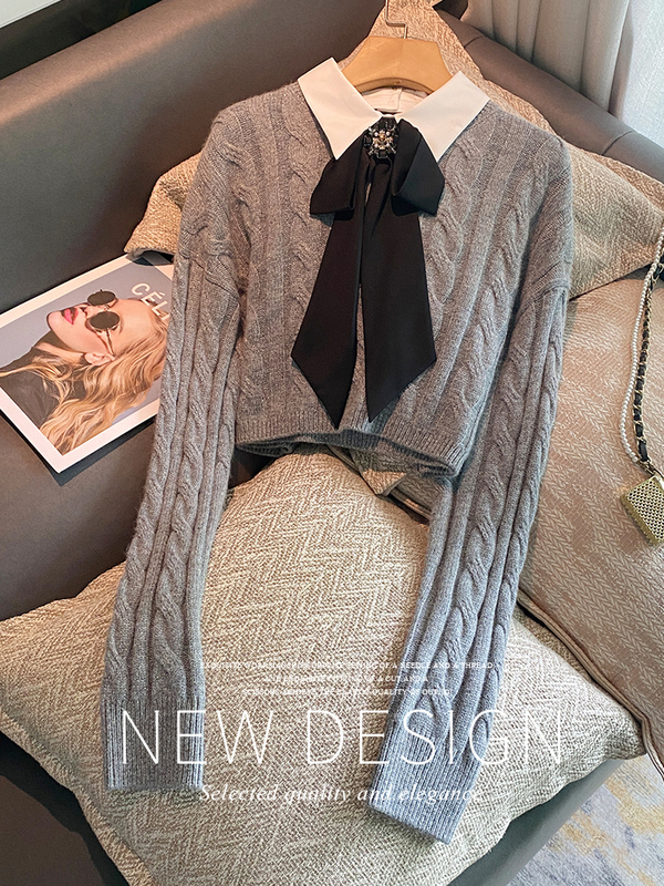 Gray Sweater Knit Top for Women Joova2026 Autumn New Style Shirt Collar Bow Sweet Short Top