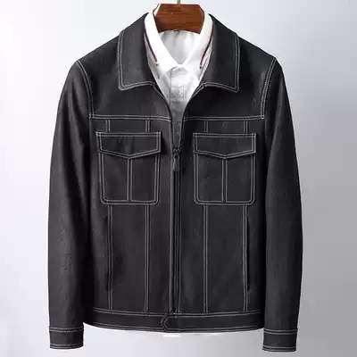 European sheepskin leather clothing men's leather men's leather lapel tough handsome denim leather jacket men's trend