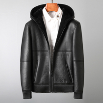 Imported winter fur men hooded casual leather jacket short sheepskin leather leather jacket mens fur jacket