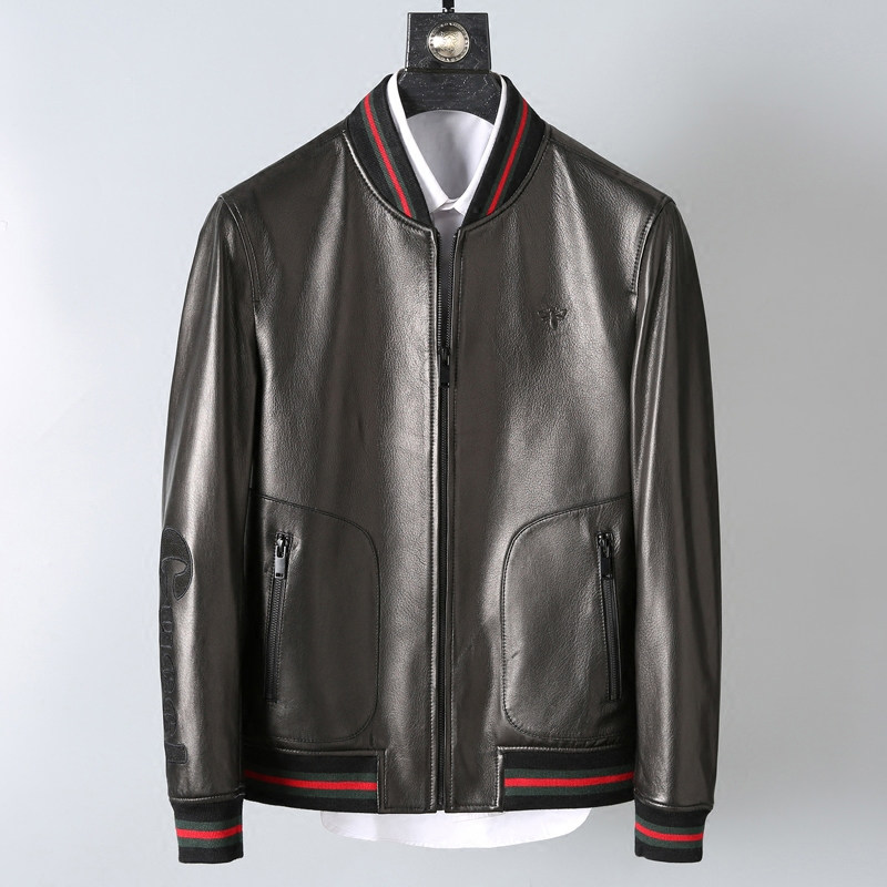 Classic red and green strip imported goatskin men's leather jacket leather jacket Men's baseball suit Leather men's leather