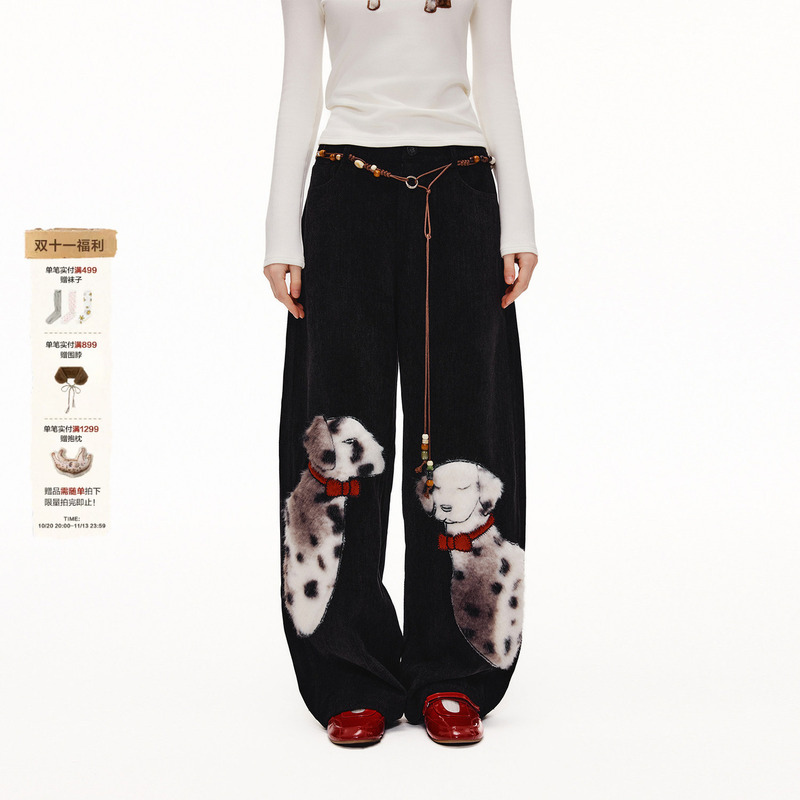 Outthe Blue "Spotted Gentleman" New Winter Patchwork Embroidered Twill Velvet Casual Wide-Leg Pants