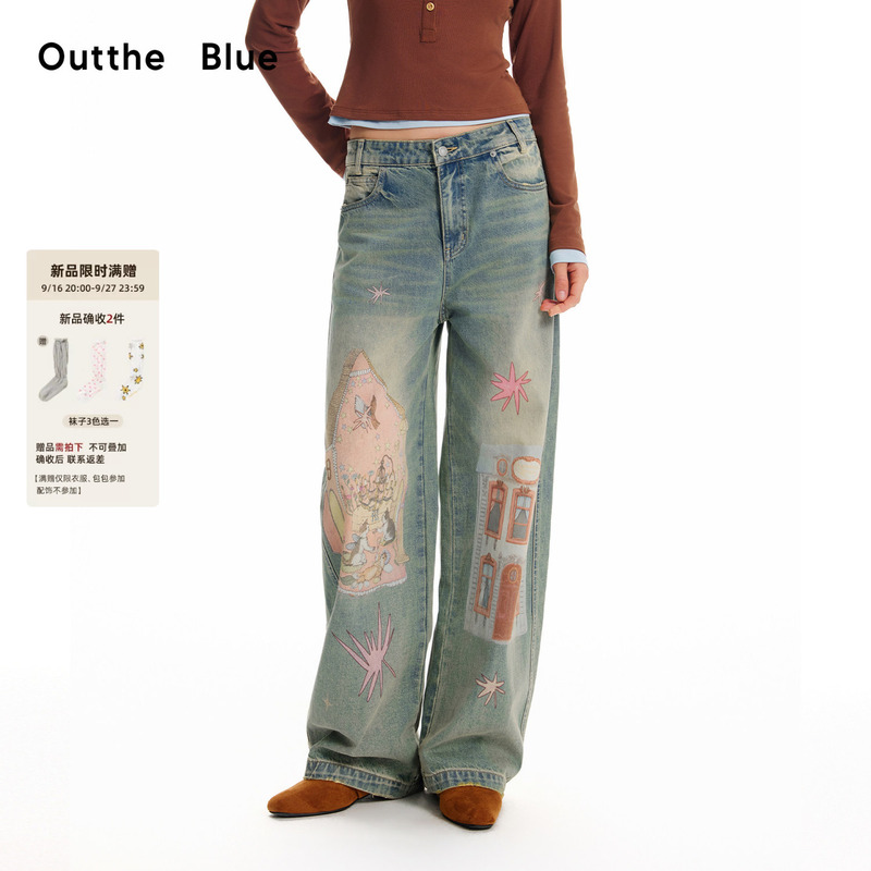Outthe Blue "Fairy Tale Cottage" Retro Washed Blue Original Print Fun Straight-Leg Denim Pants Outthe Blue "Fairy Tale Cottage" Retro Washed Blue Original Print Fun Straight-Leg Denim Pants