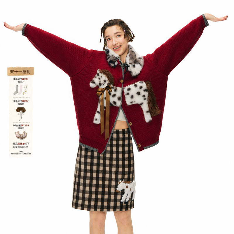 Outtheblue “Winter of the Spotted Pony” Patchwork Embroidered Wool Thick Knit Red Sweater Cardigan Jacket