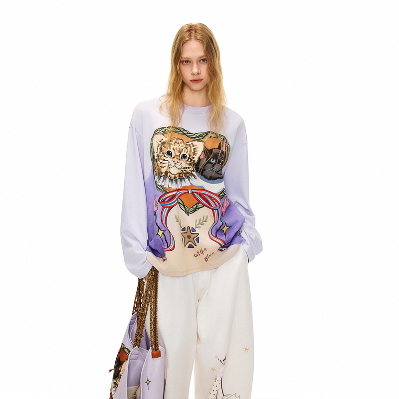 Outthe Blue "Magic Gemini" New Cat Print Lyocell Cotton Loose Long-Sleeved T-Shirt for Women