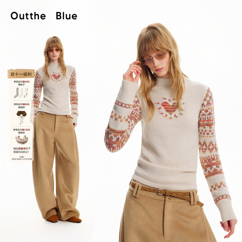 Outthe Blue's New Casual Style Fair Isle Heart Jacquard Wool Pullover Sweater