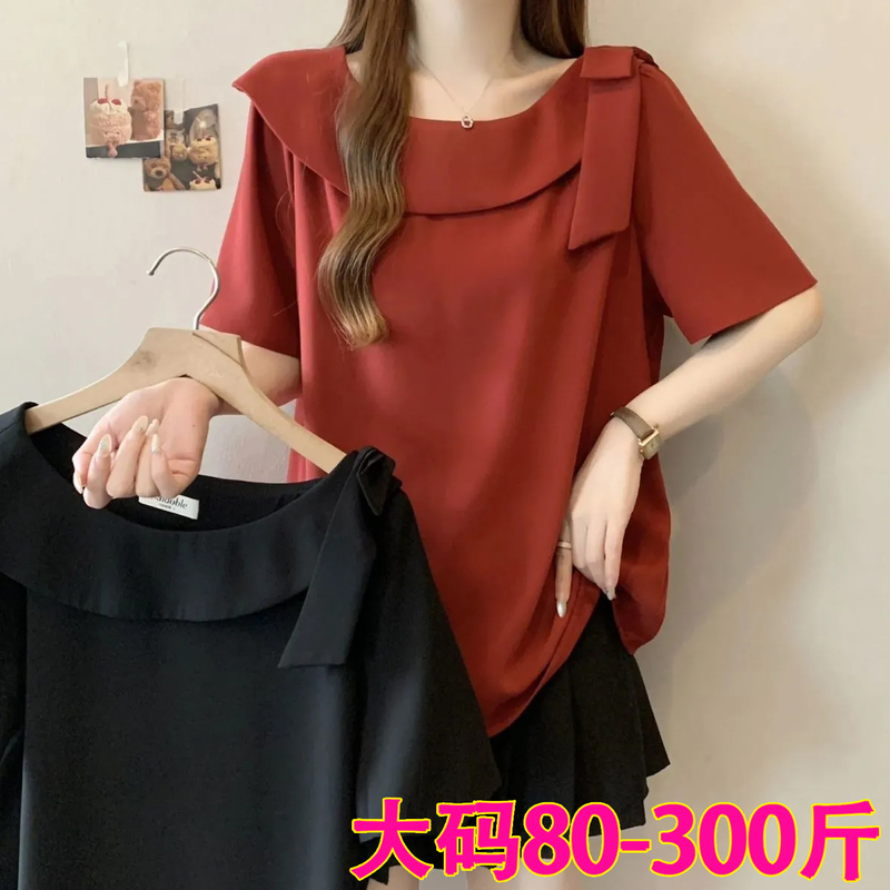 110kg Plus Size Stylish Bow Short-Sleeve Shirt for Women, Summer Loose Fit, Slimming Casual Babydoll Top for Chubby Girls 240