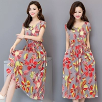 Váy lụa cotton trung niên cho mẹ đầm ngắn tay size lớn in hình dài của cotton nhân tạo váy hoa dài - Phụ nữ cao cấp đầm xòe tuổi trung niên