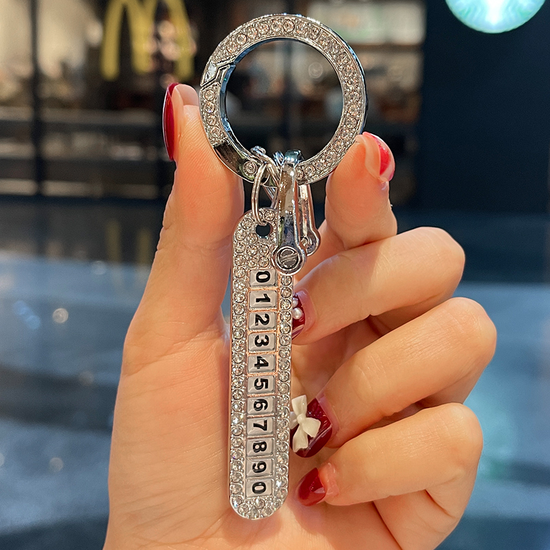 Anti-Lost Number Plate Phone Metal Ring Men's Leather Car Diamond-Encrusted Keychain Women's Exquisite Pendant Decoration