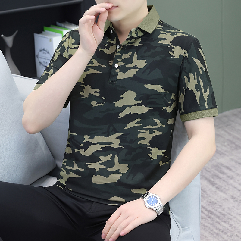 Pure Camouflage Short-Sleeved Lapel Polo Shirt for Men, Fashionable Sports Camouflage Clothing, Loose Outdoor Pure Cotton Quick-Drying Top for Men