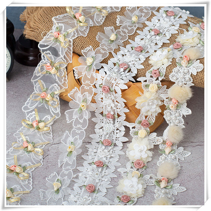 High quality fairy vanilla rose three-dimensional beaded flowers embroidered lace DIY handmade decorative lace accessories