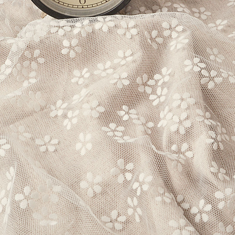 High quality Width 1.5 m flocked small flower fabric laden with accessories Clothing material Mesh