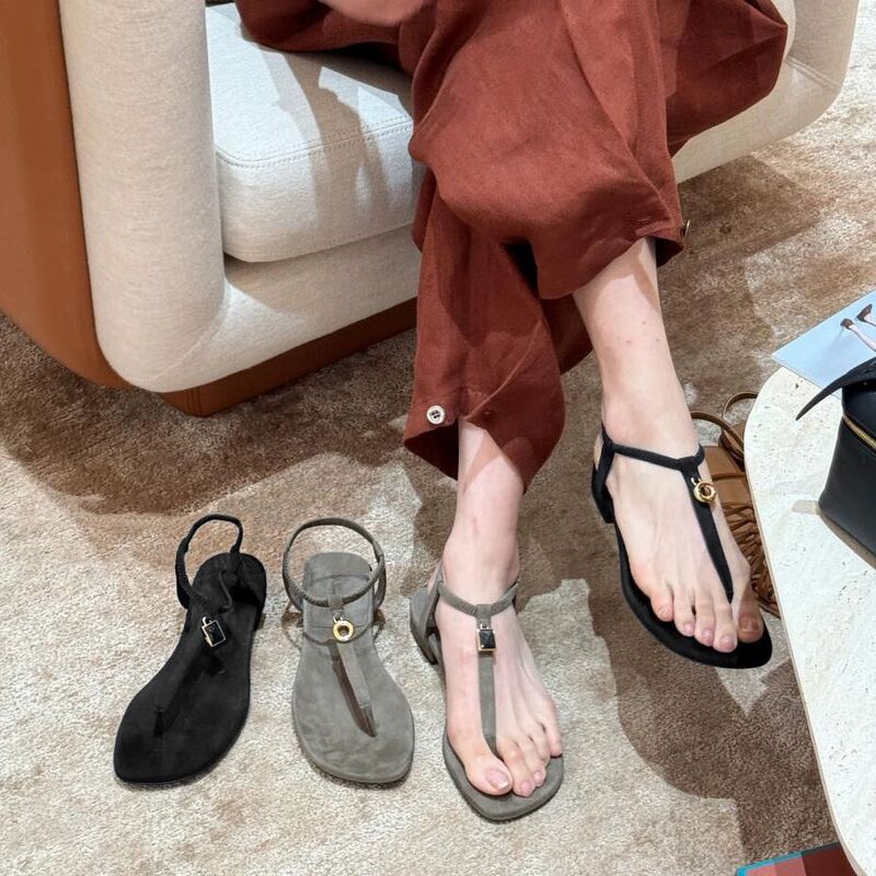 Sheepskin Version ~ Retro Metal Buckle Thong-Toe Chunky Heel Sandals Versatile Sexy One-Strap Roman Beach Sandals for Women