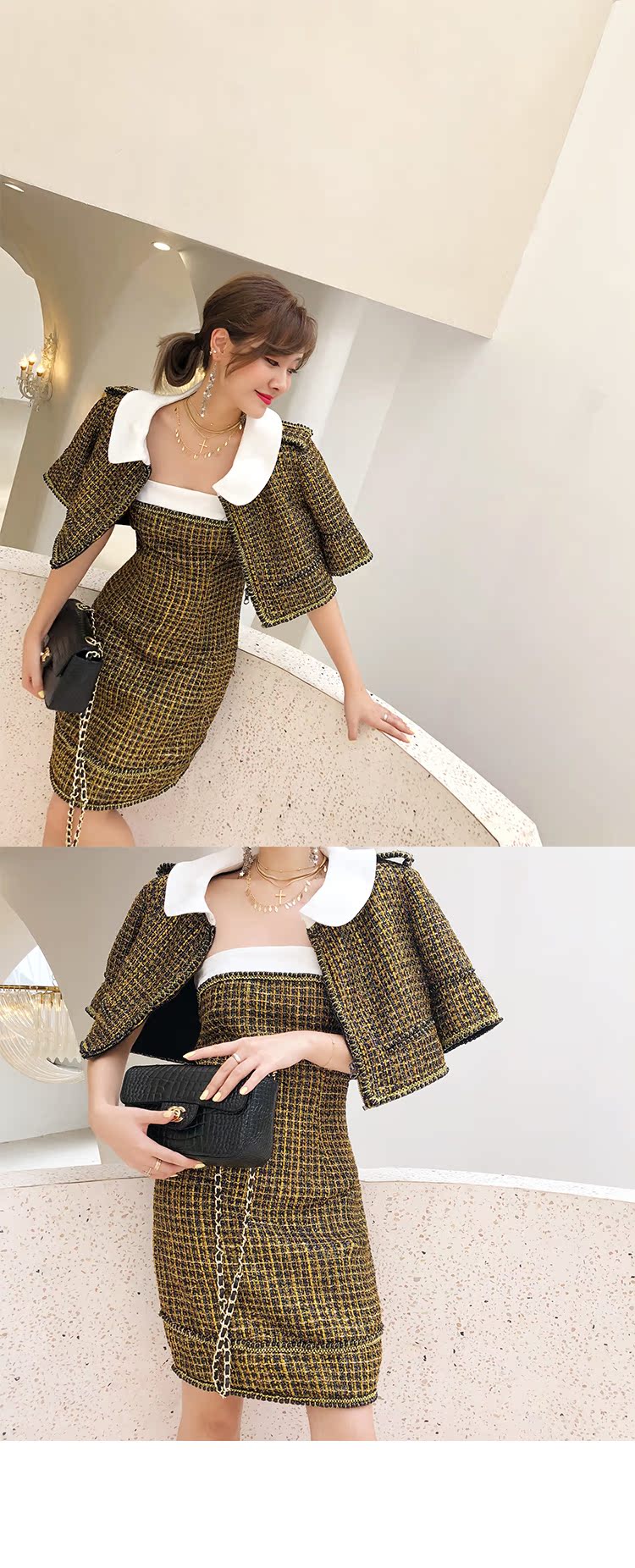 EMSTUDIO khâu sang trọng bện áo gió ống top + áo khoác ngắn + váy set LIN áo kiểu trung niên