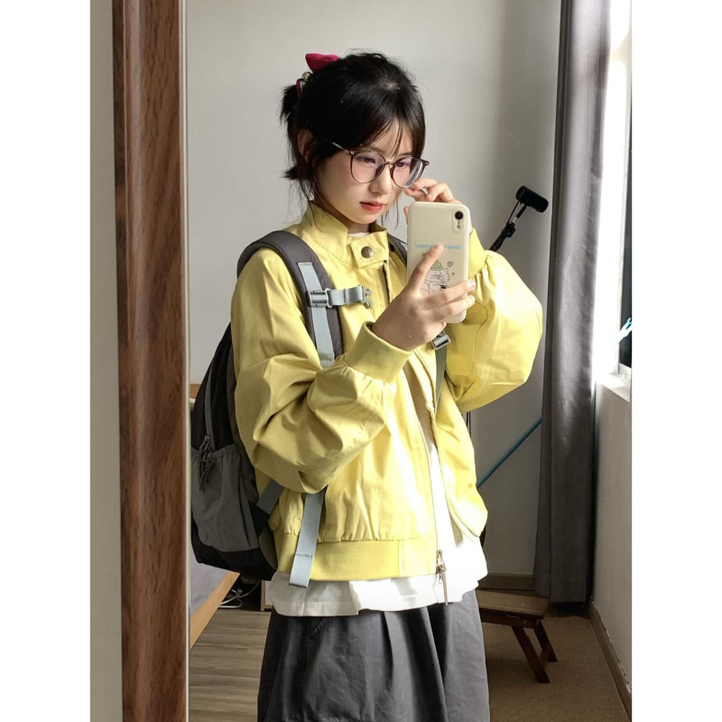 American Retro Yellow Workwear Jacket for Women 2025 New Autumn Petite Dopamine Style Baseball Jacket
