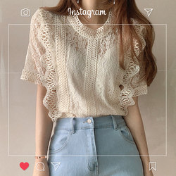 New Korean Style Hollow Lace Top Women's Summer Loose Super Fairy Temperament Shirt Western Style Versatile Large Size Women's Small Shirt