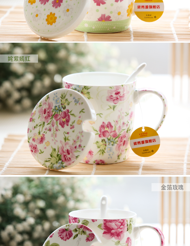 Ceramic cup with cover spoon, lovely female cup home beautiful tangshan Ceramic cup keller ipads porcelain cup ultra - thin