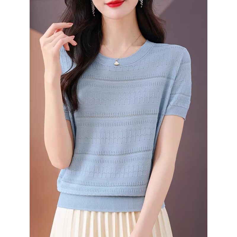 纯色圆领百搭时尚短袖T恤女夏季新款韩版宽松镂空针织桑蚕丝上衣