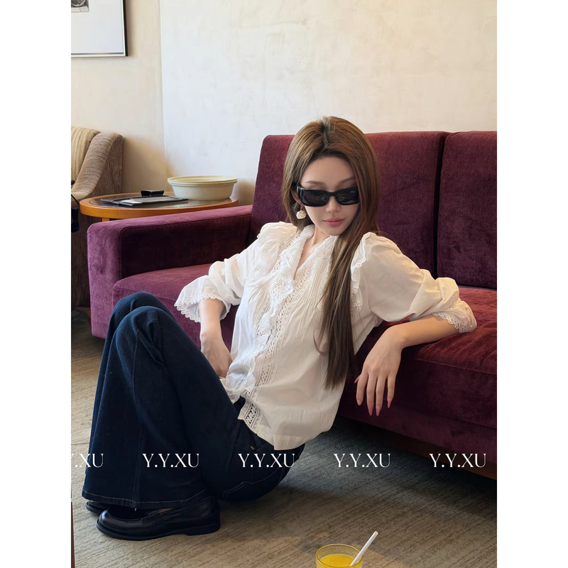 Xu Yuanyuan【White Gardenia Blooms】French-Style White Hollow Lace Puff Sleeve Lace Blouse for Women Autumn 26Cs0533