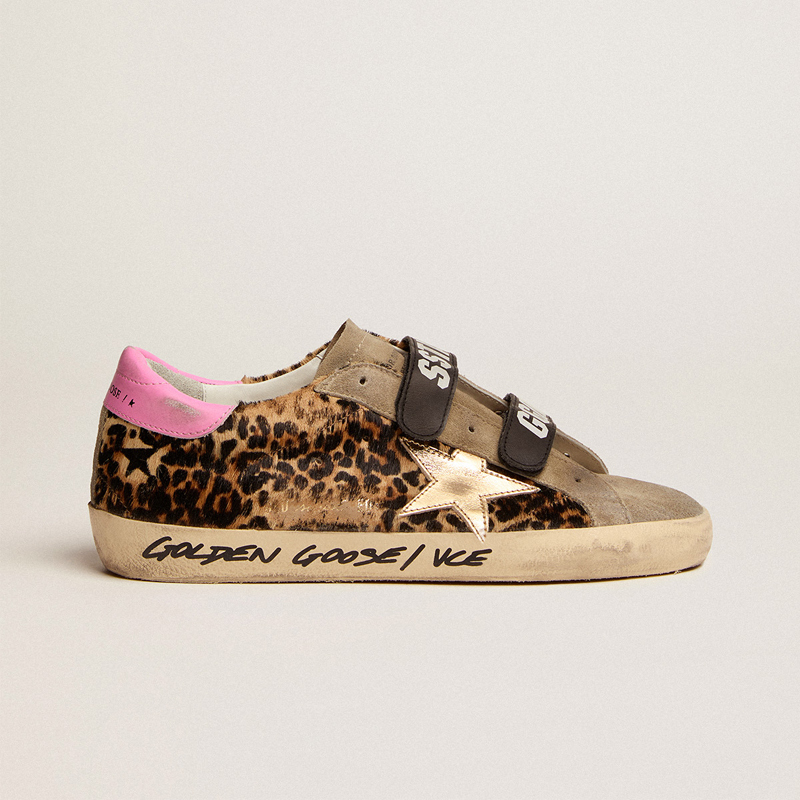 Korean Style Distressed Gold Laminated Leather Star Sneakers for Women, Leopard Print Lace-Up Casual Flat Genuine Leather Dirty Sneakers