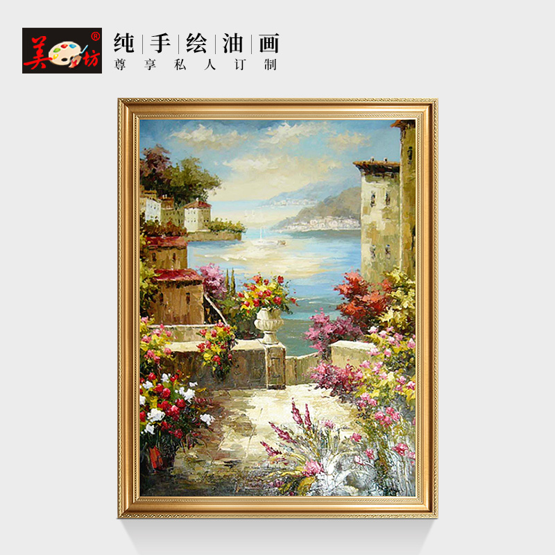 Beauty square oil painting Mediterranean Garden landscape Bedroom entrance Dining room Living Room European decorative painting Framed single vertical painting