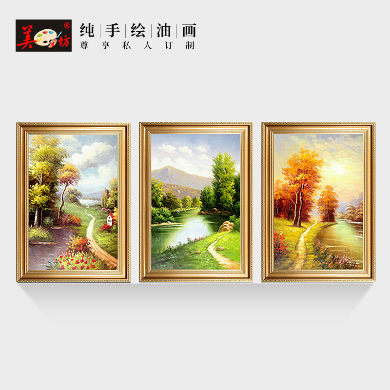 Meifang original Four Seasons Landscape oil painting landscape pure hand-painted European living room sofa Wall Triple decorative painting customization