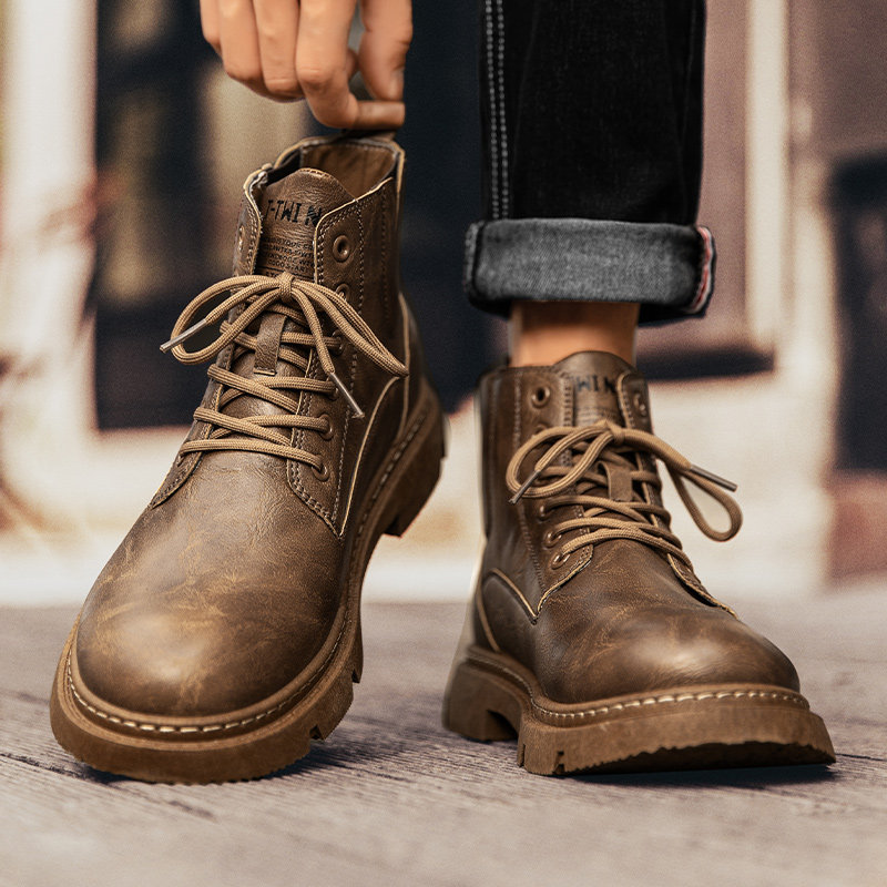 MARTIN BOOTS MENS 2024 NEW AUTUMN WINTER BLACK HEIGHTENED BRITISH CARGO LEATHER BOOTS MENS HIGH TOP LOCOMOTIVE COMBAT BOOTS