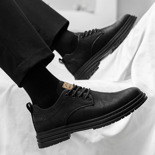Men's Leather Shoes Spring 2026 Genuine Leather British Style Business Casual Black Sports Soft Sole Low-top Martin Shoes