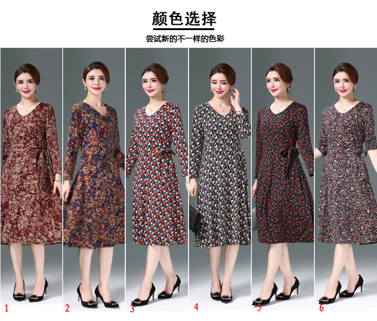 Váy đầm mẹ mùa thu mới qua đầu gối tay áo dài 40-50 phụ nữ trung niên dài là váy mỏng cỡ lớn mẫu áo sơ mi cho người lớn tuổi