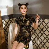 Ретро черное легкое короткое ципао, китайский стиль