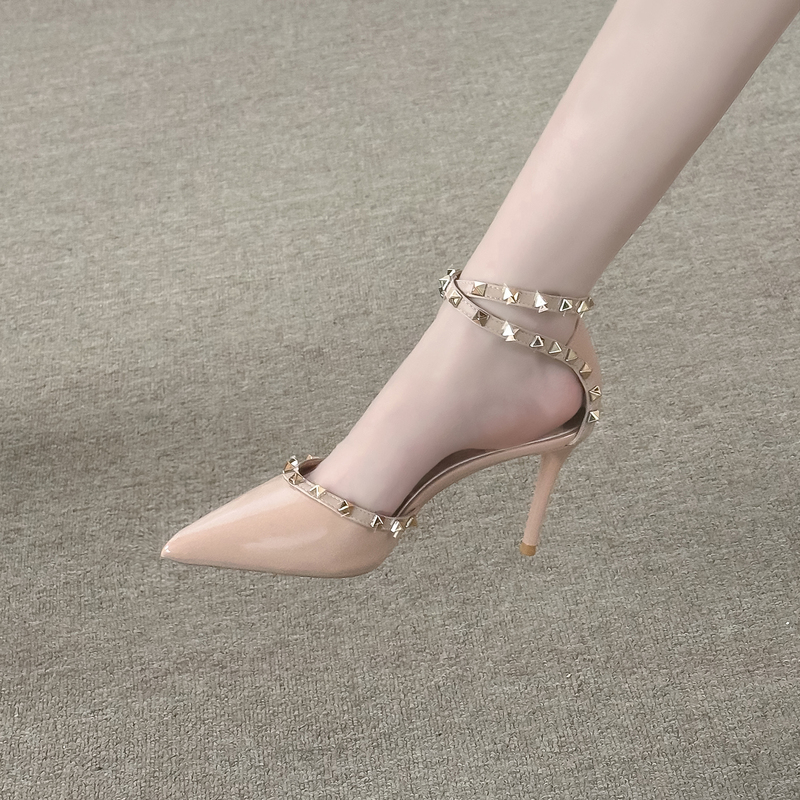 Nude Studded Pointed-Toe High Heels for Women, 2026 New Model, Thin Heel, Patent Leather, Single Strap, Sexy Mature Style, Stunning Sandals
