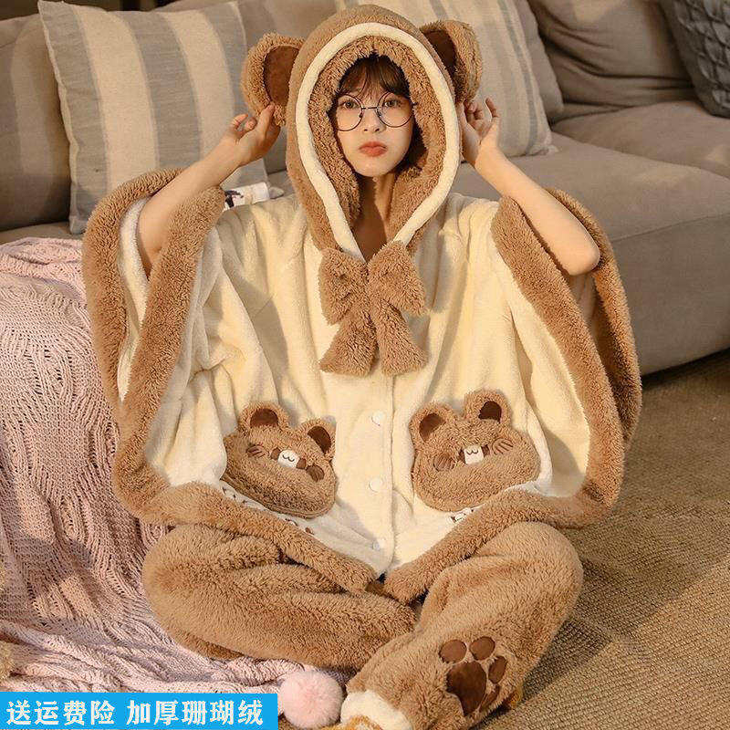 Coral Suede Pyjamas Woman Spring Autumn Winter Cloak Plus Suede Cute Student Sweet Korean version Thickened Flannel Suede home