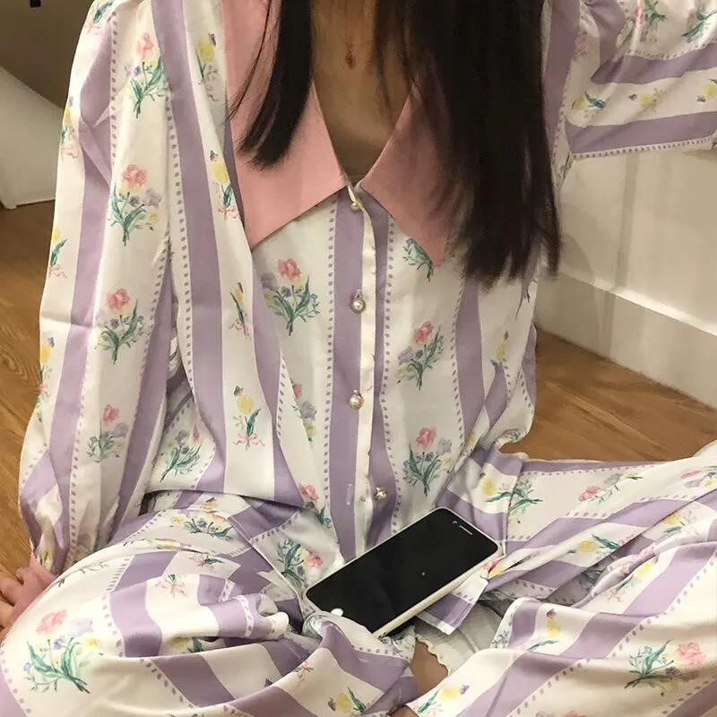 Faypins pyjamas 2021 new spring and autumn extras outside wearing home suit retro-hit color print and pieces of two sets