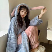 Pajamas Girls Autumn Winter Long Plush Rabbit Ears Sweet And Cute Sleeping Robes Fur Suede Warm Pyjamas Suits Home Suits
