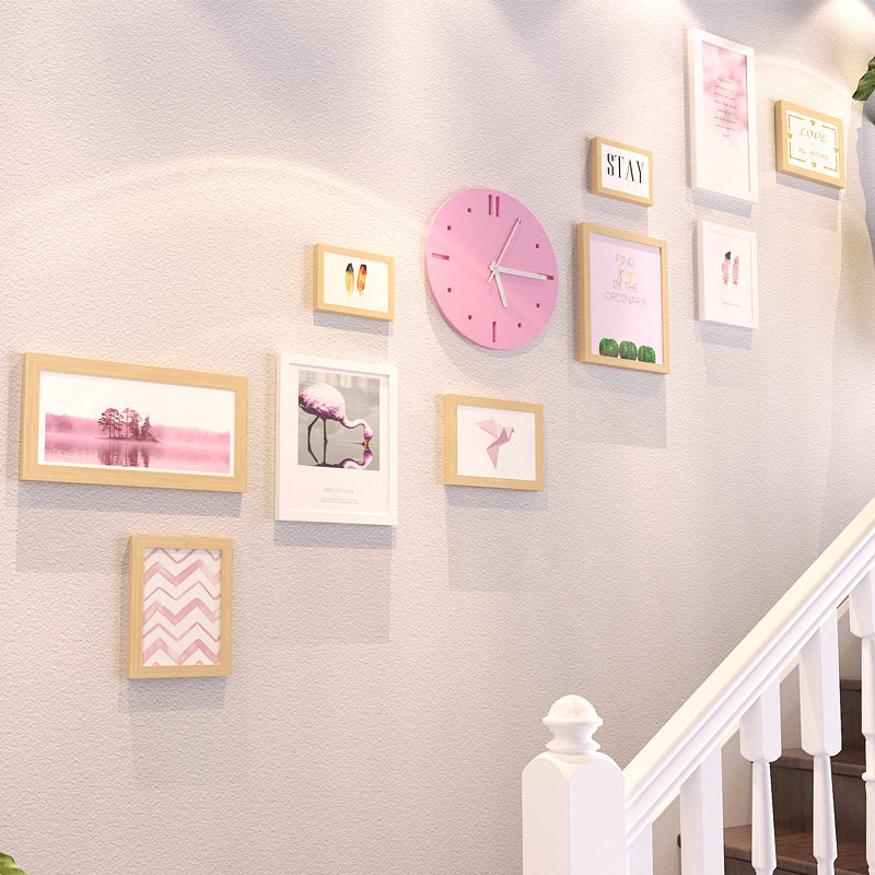 Stair solid wood Nordic photo wall with clock ins hanging painting creative photo frame combination large size self-adhesive free punching