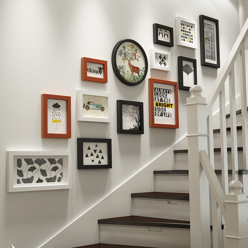 Photo Wall Trim Stairway Hallway Photo Frame Hanging Wall Combination Free of perforated Wedding Yarn Photo Solid Wood Frame brief Northern Europe