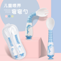 MDB baby food fork spoon Baby cartoon bendable training spoon Children learn to eat crooked handle soft silicone tableware