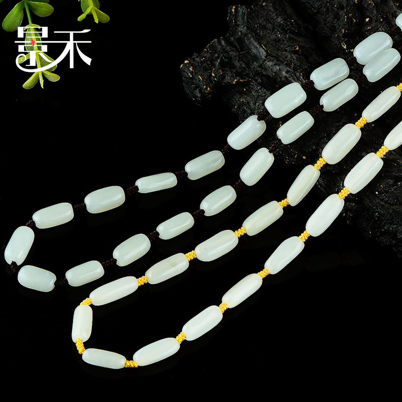 Jinghe Hetian jade necklace White jade beads pendant rope A pair of natural jade chains for men and women Sweater chain lanyard