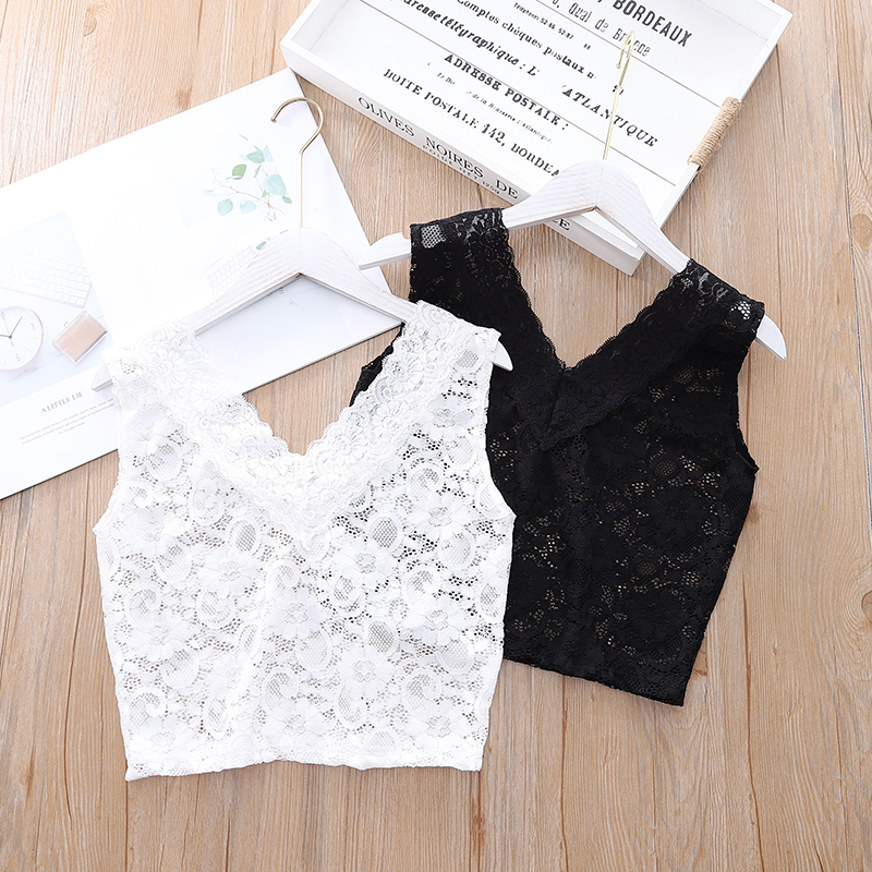 Summer New Sleeveless V-Neck Lace Top Patchwork Base Shirt Pullover T-Shirt See-Through Tank Top Camisole Women's Short Style