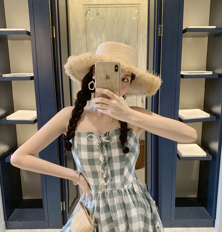VK旗艦店 韓系青草綠復古格紋收腰無袖洋裝