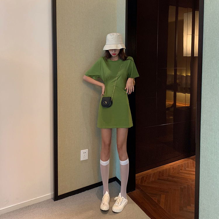 VK旗艦店 韓國風時尚設計感收腰抹茶短袖洋裝