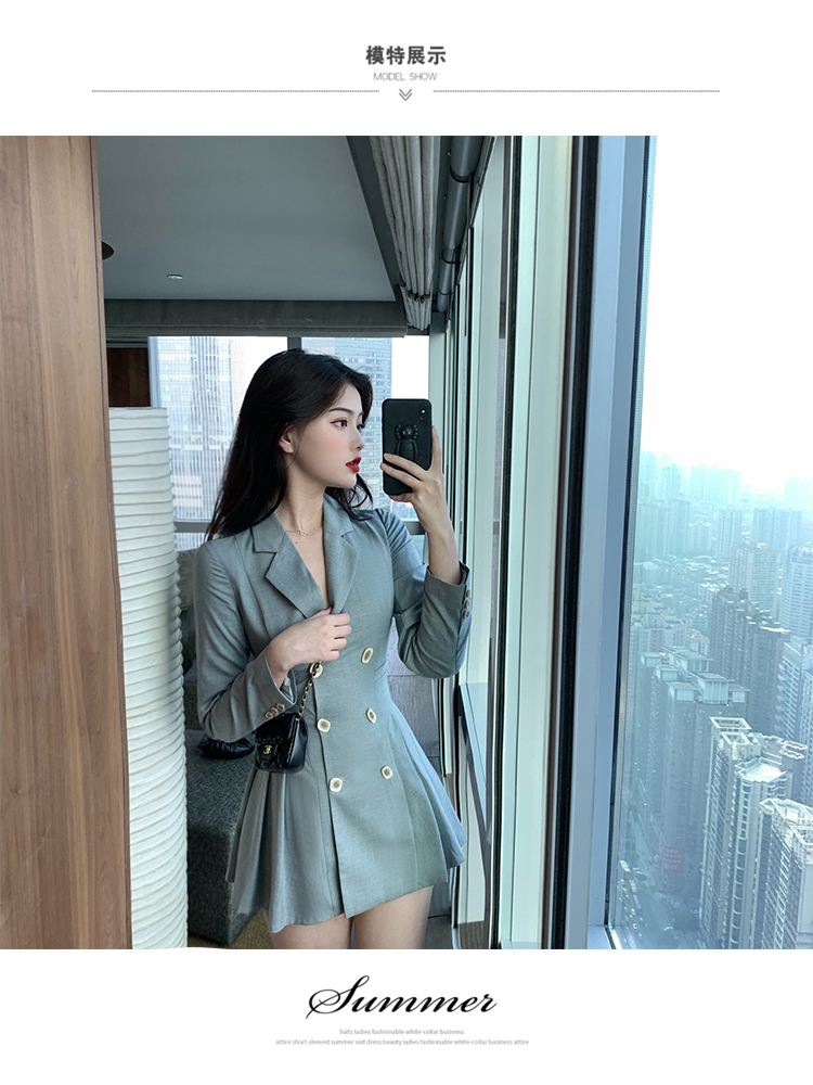 VK旗艦店 韓系小西裝百褶收腰顯瘦雙排釦長袖洋裝