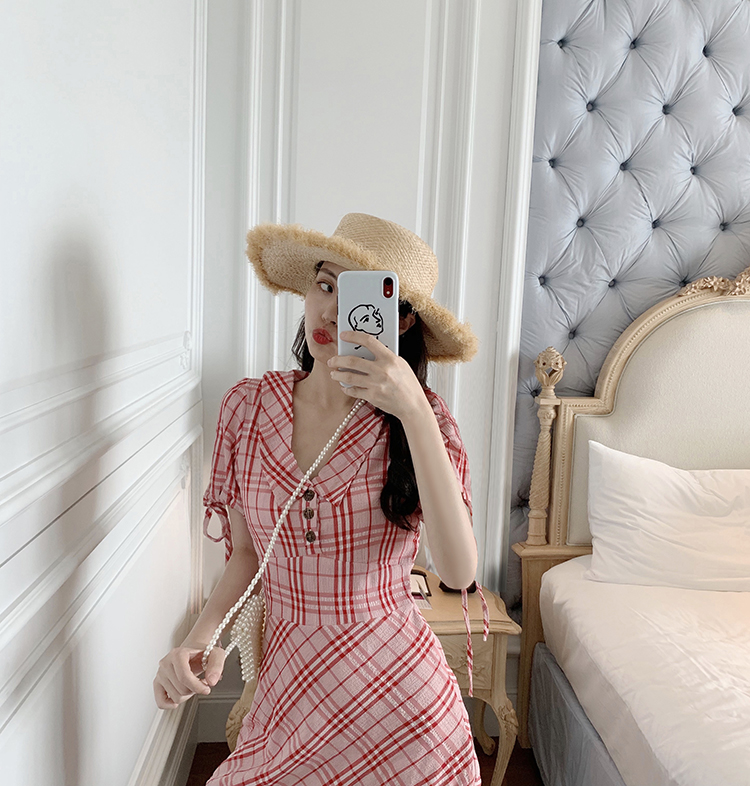 VK旗艦店 韓系娃娃領高腰袖子扎帶顯瘦格紋短袖洋裝