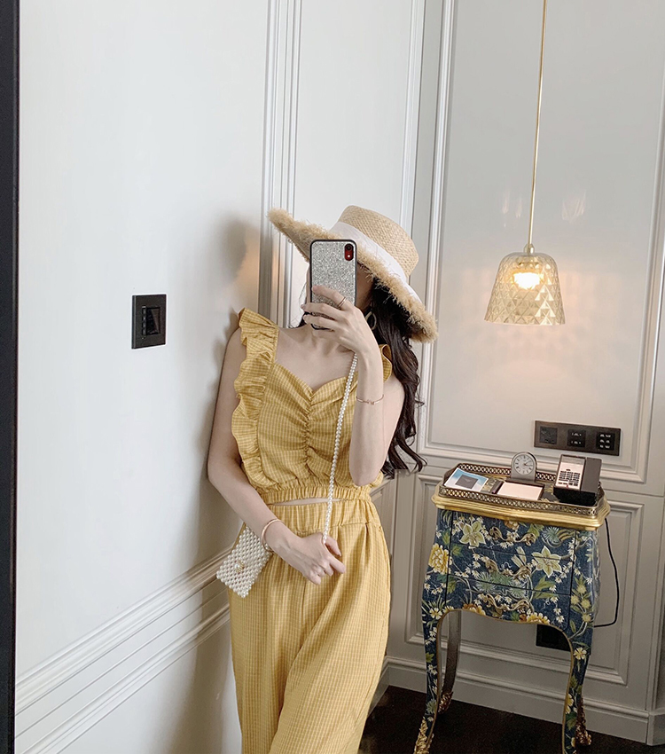 VK旗艦店 韓系果綠檸檬黃俏皮花瓣套裝無袖褲裝