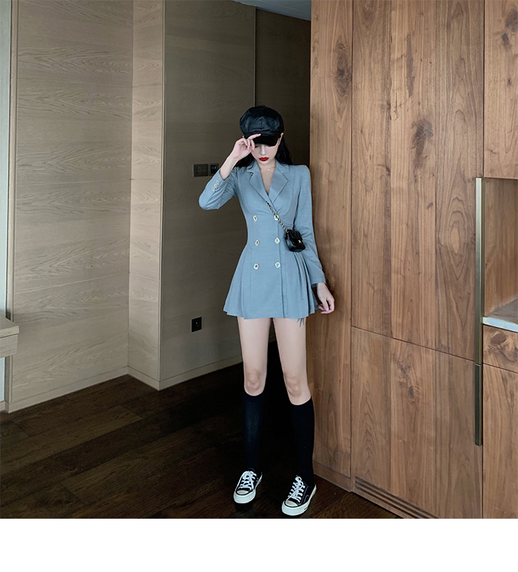 VK旗艦店 韓系小西裝百褶收腰顯瘦雙排釦長袖洋裝