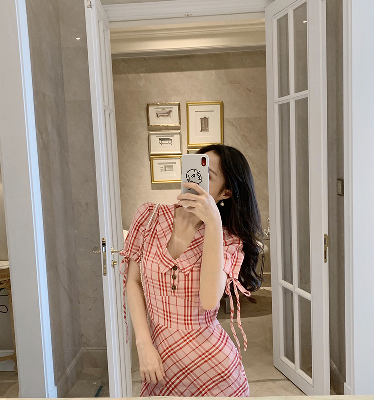 VK旗艦店 韓系娃娃領高腰袖子扎帶顯瘦格紋短袖洋裝